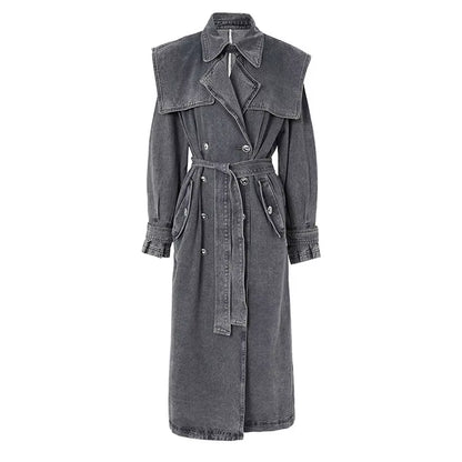 OUDINA High End Fashion Winter Loose Blue Denim Jacket Windbreaker Trench Ladies Long Coat for Women