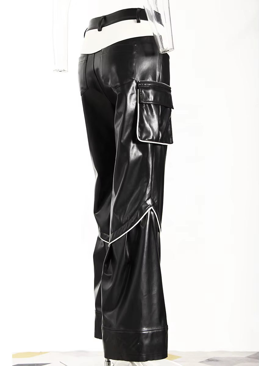 OUDINA in Stock New Fashion Casual Splice Straight Pants Contrasting Colors Women Pants PU Wide Leg Pants