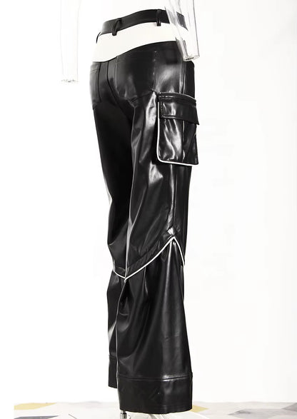 OUDINA in Stock New Fashion Casual Splice Straight Pants Contrasting Colors Women Pants PU Wide Leg Pants