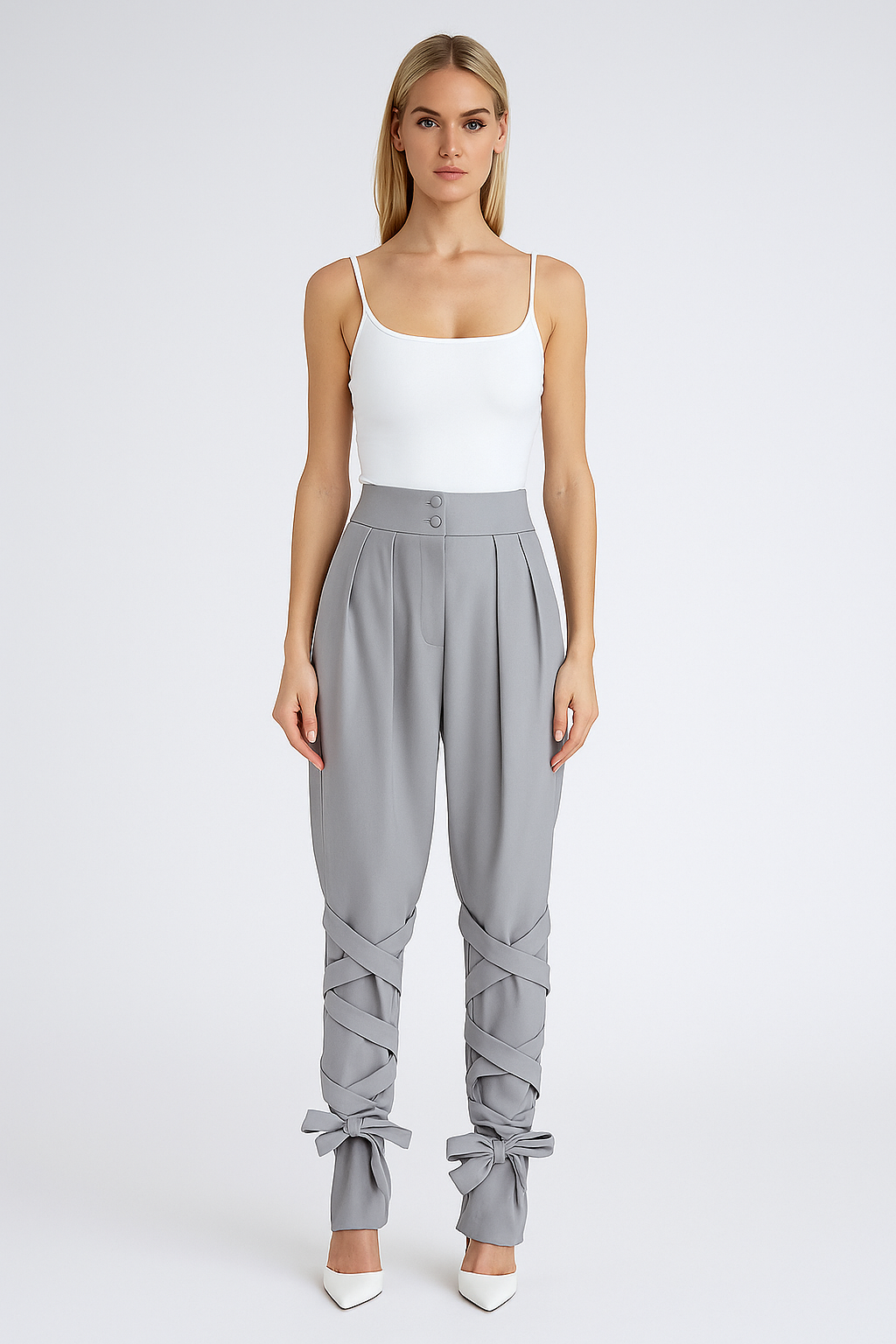 Elevate Your Style with High-Waisted Straight Leg Trousers Featuring Elegant Bow-Tie Details