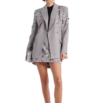 OUDINA in Stock Fashion Elegant Beads Sequins Gray Suit Blazers Skirt Two Piece Women'S Suits