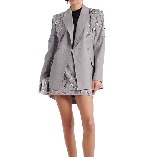 OUDINA in Stock Fashion Elegant Beads Sequins Gray Suit Blazers Skirt Two Piece Women'S Suits