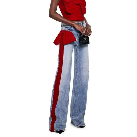 OUDINA New Temperament Bow Splicing Contrast Color Flared Jeans Elegant Simple Denim Jeans Casual Women'S Jeans