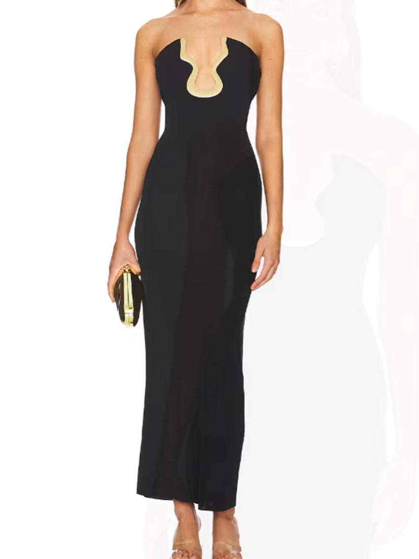 DRESS 4    t Tube Top V Neck Black Temptation Gilded Lock Slim Long Bandage Dresses Black Dress for Women