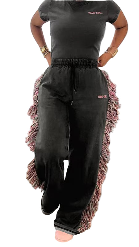 OUDINA Hotselling Casual round Neck Embroidered T-Shirt Tassel Fringed Set Casual Two Piece Pants Custom Sets for Women