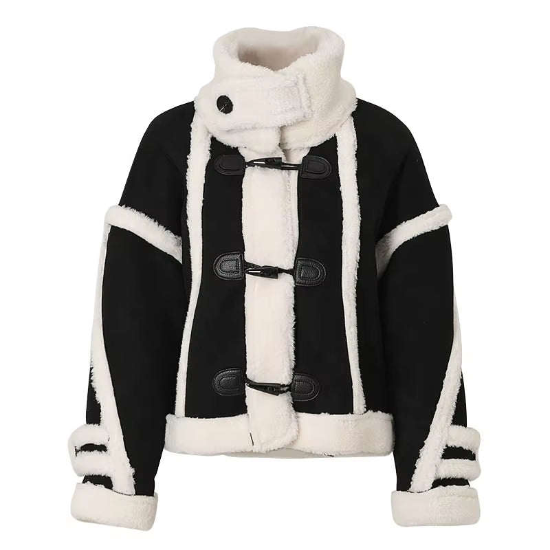 OUDINA Fashion Loose Lamb Plush Horn Buckle Thick Winter Coats Ladies Women Fur Coats