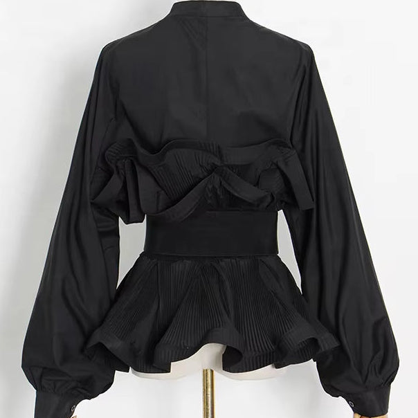 OUDINA Hot Sale Fashion Shirt for Ladies Casual Solid Color with Belt Ruffled Long Sleeve Women'S Blouse Shirts