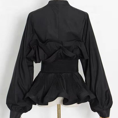 OUDINA Hot Sale Fashion Shirt for Ladies Casual Solid Color with Belt Ruffled Long Sleeve Women'S Blouse Shirts