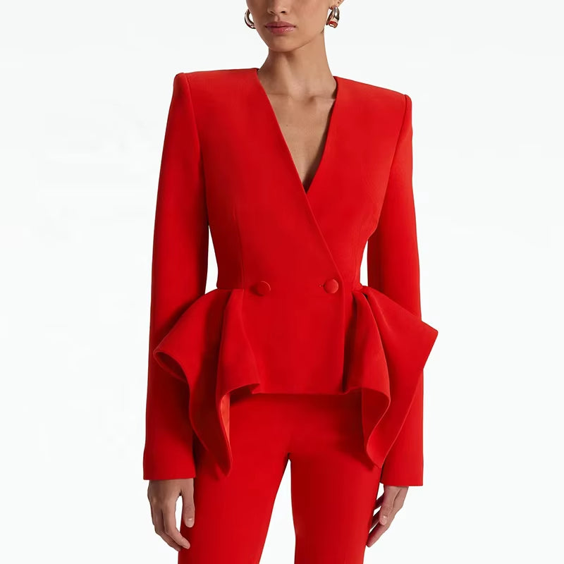 OUDINA Hotselling Stylish Elegant Red Lotus Leaf Hem Jacket Blazer Suit Flared Trousers Blazers Women'S Suits
