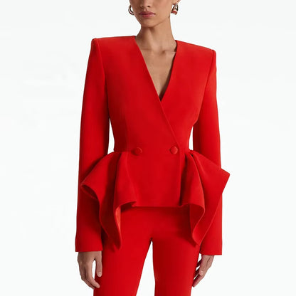 OUDINA Hotselling Stylish Elegant Red Lotus Leaf Hem Jacket Blazer Suit Flared Trousers Blazers Women'S Suits