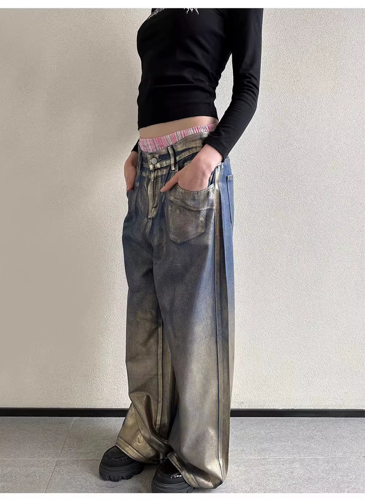 OUDINA Hot Sale Fashion Casual Women'S Denim Pants Print Shiny Denim Jeans Loose Long Jeans for Women
