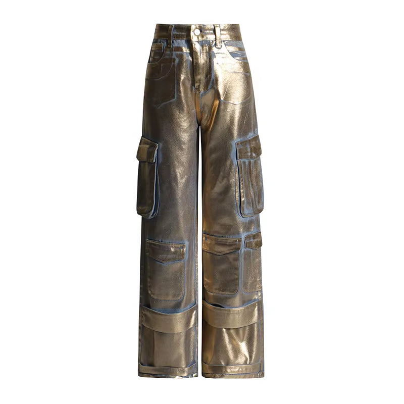 OUDINA Fashionable Workwear Style Straight Leg Pants New Design Hot Stamping Multi Pocket High-Waisted Jeans for Women