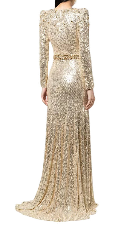 OUDINA Fast Shipping Fashion See through Beaded Hollow Mesh Long Dress Gown Elegant Luxury Evening Dresses