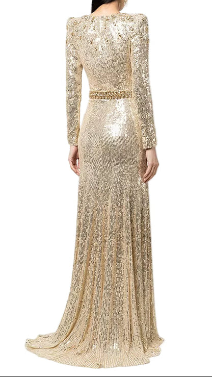 OUDINA Fast Shipping Fashion See through Beaded Hollow Mesh Long Dress Gown Elegant Luxury Evening Dresses