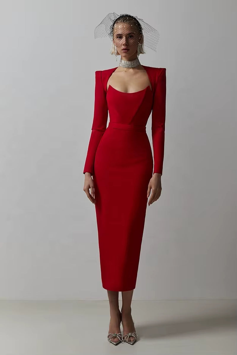 OUDINA Wholesale in Stock Elegant Solid Color Dress Women Fashion Long Sleeve Ladies Party Evening Dresses