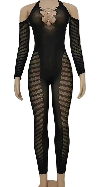 OUDINA New Style Women'S Jumpsuits Solid Color Sexy Long Sleeve Hollow See through Backless Tight Jumpsuit