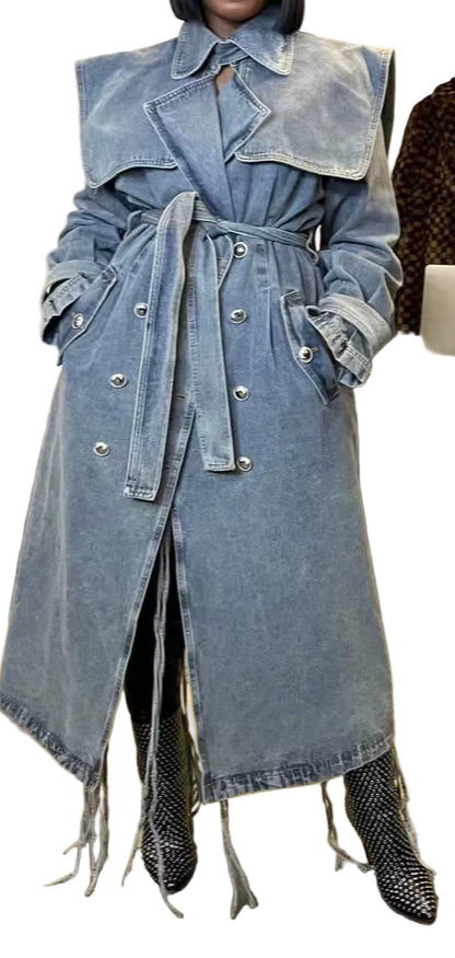 OUDINA High End Fashion Winter Loose Blue Denim Jacket Windbreaker Trench Ladies Long Coat for Women