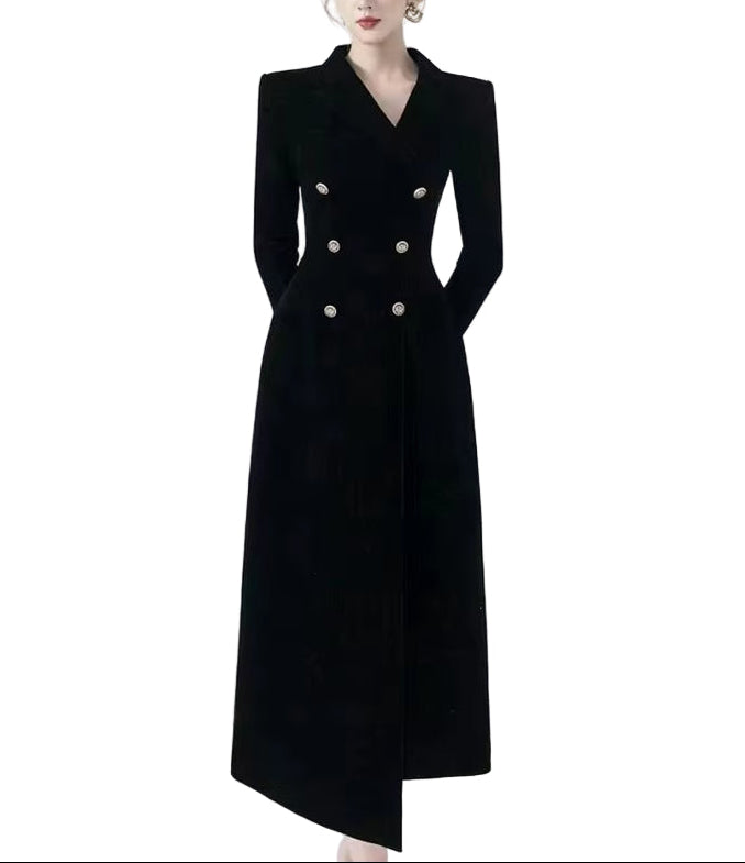 OUDINA French Double-Breasted V-Neck Irregular Temperament Casual Elegant Black Velvet Long Women Jacket Women'S Coats