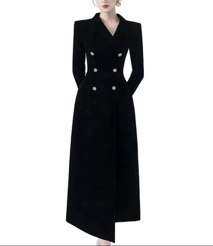 OUDINA French Double-Breasted V-Neck Irregular Temperament Casual Elegant Black Velvet Long Women Jacket Women'S Coats