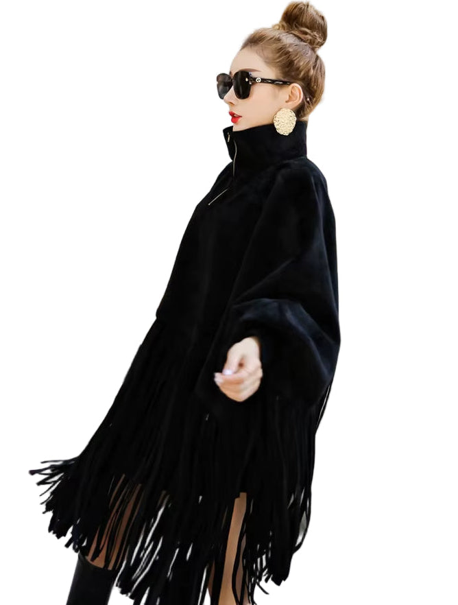 OUDINA Fashion Street Casual Bat Sleeve Cashmere Turtleneck Fringed Winter Cape Women Coat