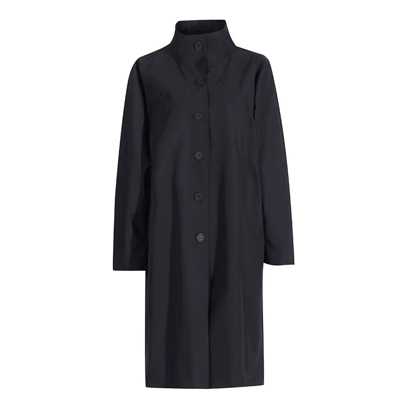 OUDINA Fashion Elegant Stand Single-Breasted Loose Ladies Coat Solid Long Trench Coats Simple Women'S Coats