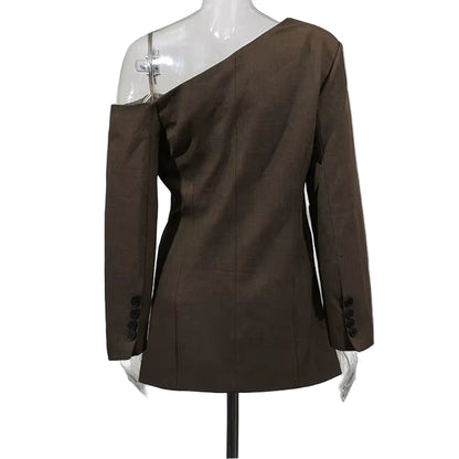 OUDINA High Quality Fashion Oblique Shoulder Irregular One Button Jacket Blazers for Women