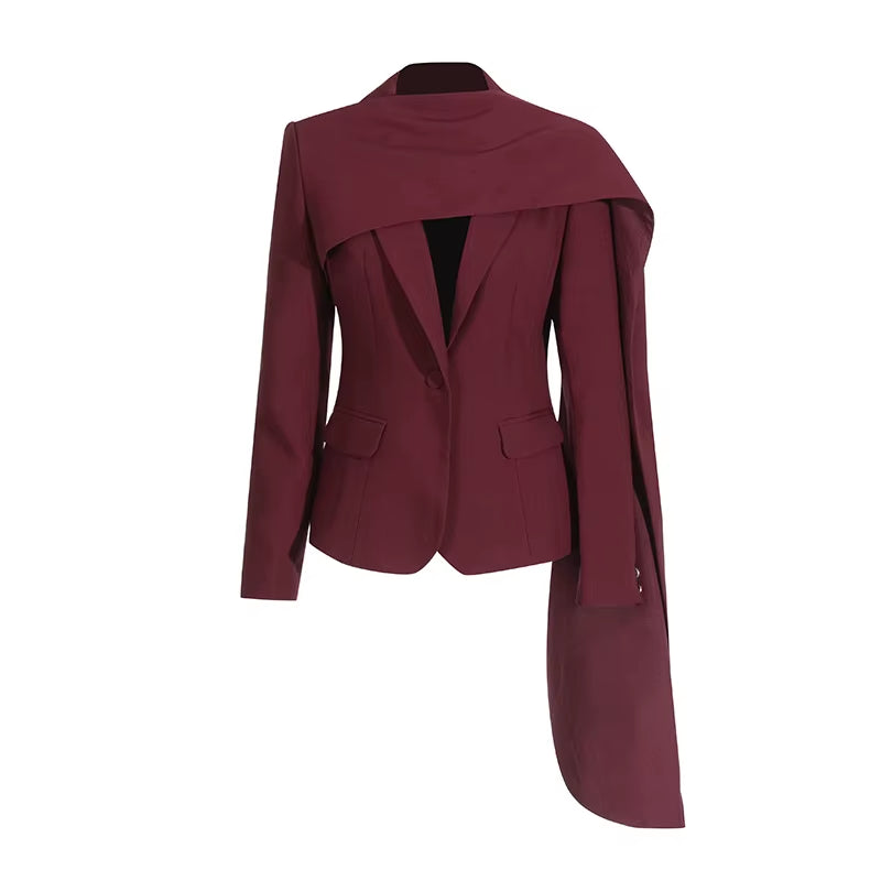 OUDINA Fashion Splicing Shawl Solid Elegant Blazers Jacket Red Ladies Blazer Simple Women'S Suits Blazers