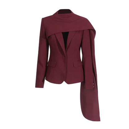 OUDINA Fashion Splicing Shawl Solid Elegant Blazers Jacket Red Ladies Blazer Simple Women'S Suits Blazers
