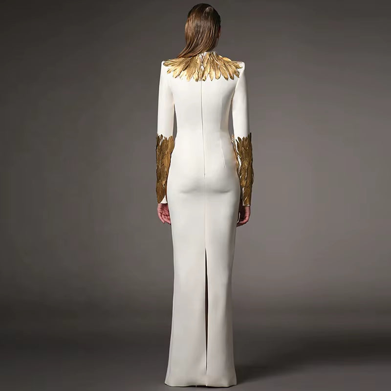 OUDINA Ready Stock 3XL plus Size Gold Feather Decoration Long Dresses Dinner Party Elegant Evening Dress for Women