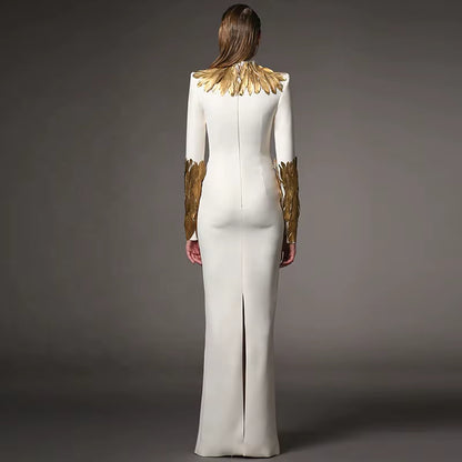 OUDINA Ready Stock 3XL plus Size Gold Feather Decoration Long Dresses Dinner Party Elegant Evening Dress for Women