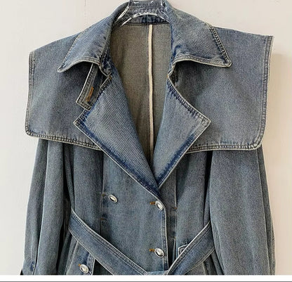 OUDINA High End Fashion Winter Loose Blue Denim Jacket Windbreaker Trench Ladies Long Coat for Women