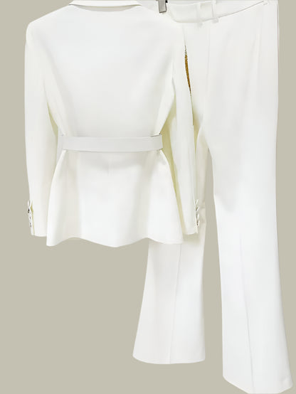 OUDINA Wholesale Office Formal Two Piece Diamond Rhinestones Belt Suit Bottom Pants & Tuxedo Blazers Women'S Suits