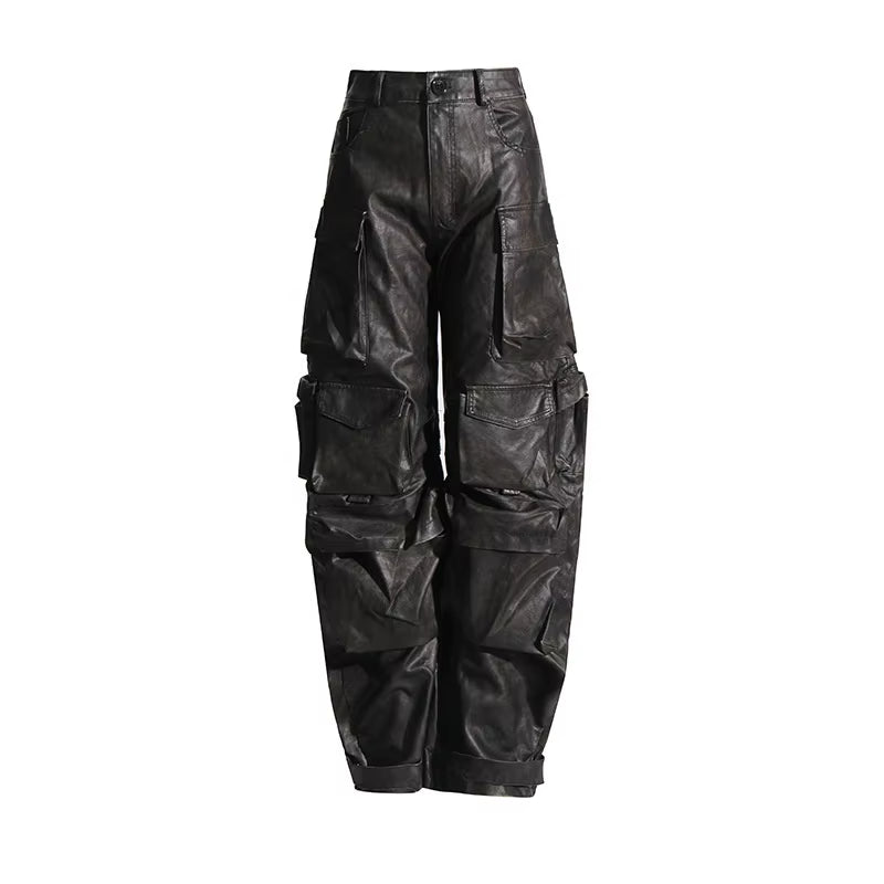 OUDINA 2023 New High Street Multi Pocket Leather Pants Solid Color High Waist Wide-Leg Cargo Trousers Women