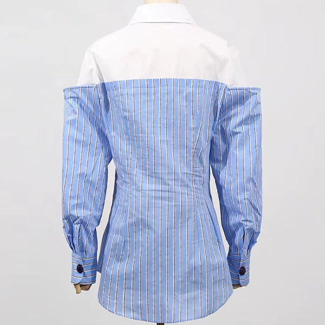 OUDINA High Fashionable Contrast Color Pocket Embroidery Casual Striped Long Sleeve Elegant Women'S Polo Shirts Blouses Shirts