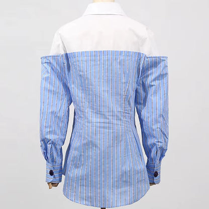 OUDINA High Fashionable Contrast Color Pocket Embroidery Casual Striped Long Sleeve Elegant Women'S Polo Shirts Blouses Shirts