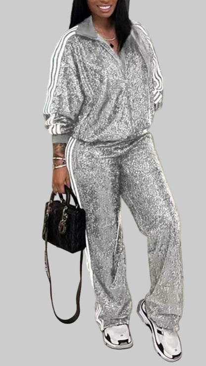 OUDINA Drop-Shipping Fashionable Sequin Pants Suit Autumn Casual Two Piece Set Women Clothing