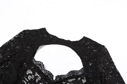 OUDINA Hotselling Autumn Street Sexy Lace Hollow Perspective Tights Two Piece Set Women Clothing 2 Piece Women'S Sets