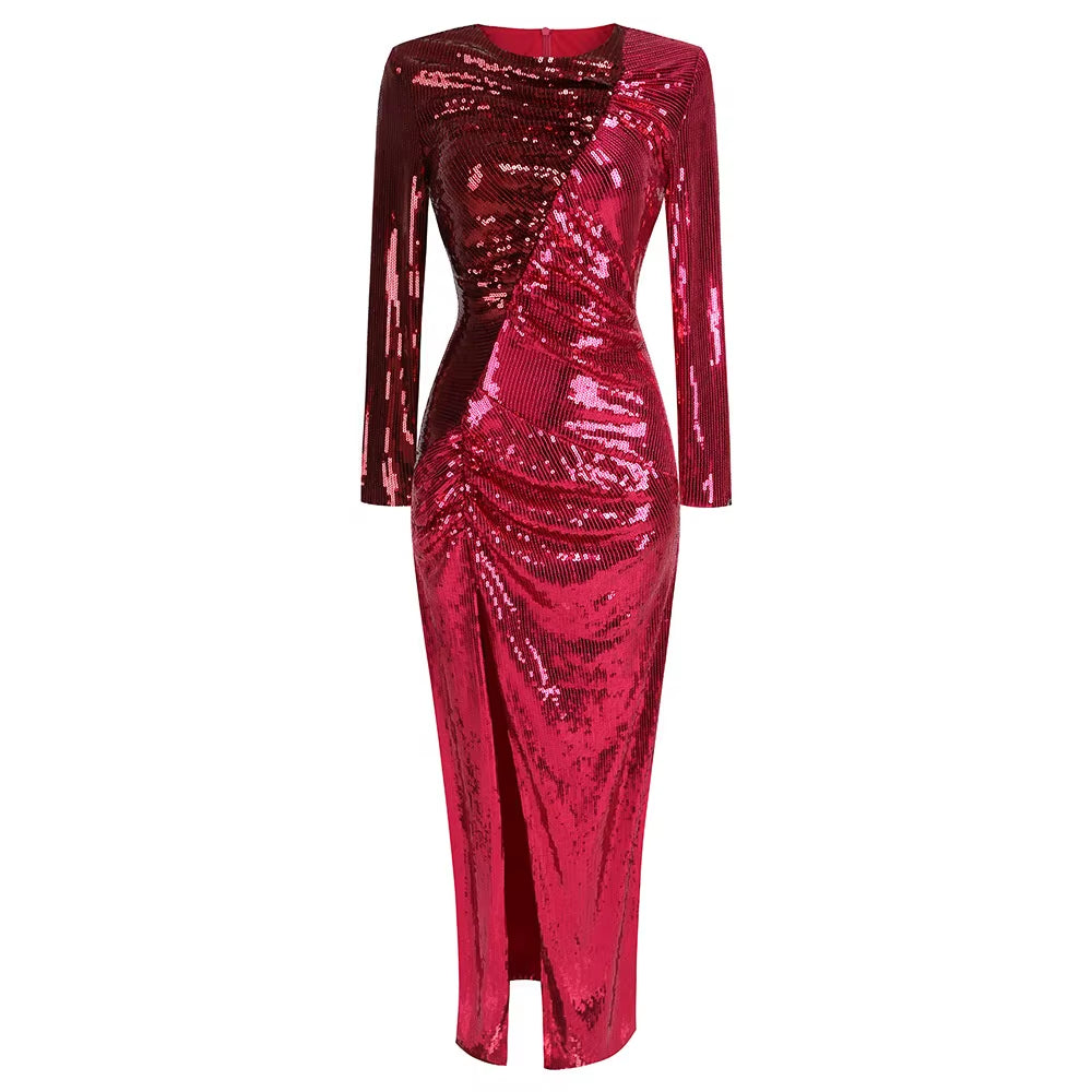 OUDINA Wholesale Contrasting Colors Block round Neck Sequined Shiny Long Sleeve Dresses Chic Women Elegant Evening Dress