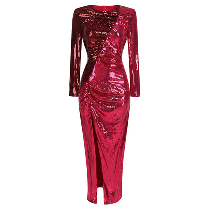 OUDINA Wholesale Contrasting Colors Block round Neck Sequined Shiny Long Sleeve Dresses Chic Women Elegant Evening Dress