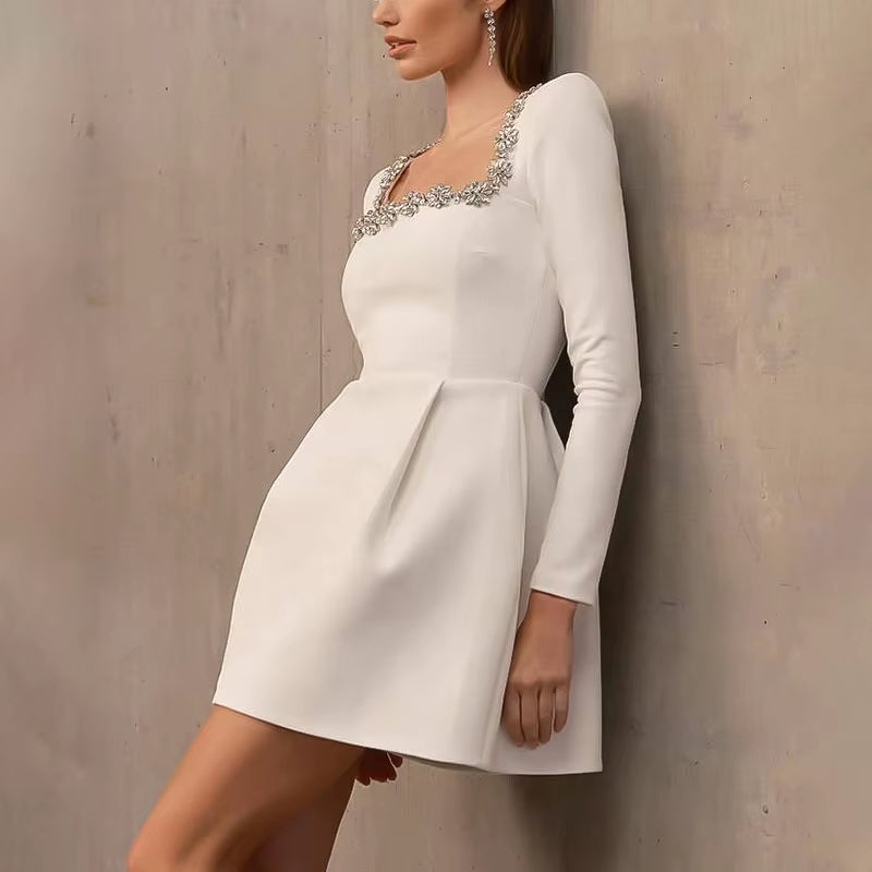 Square Collar Diamond Rhinestone Short Dress