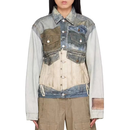 OUDINA Street Fashion Casual Patchwork Leisure Vintage Print Jean Jackets Denim Jacket for Women