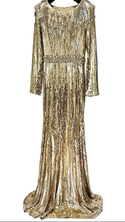 OUDINA Fast Shipping Fashion See through Beaded Hollow Mesh Long Dress Gown Elegant Luxury Evening Dresses