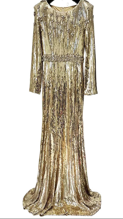 OUDINA Fast Shipping Fashion See through Beaded Hollow Mesh Long Dress Gown Elegant Luxury Evening Dresses