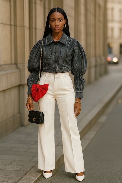 Sculpted Wave Cropped Denim Jacket - Elevate Your Wardrobe with Unique Style