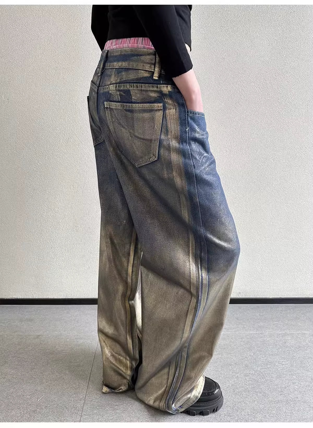 OUDINA Hot Sale Fashion Casual Women'S Denim Pants Print Shiny Denim Jeans Loose Long Jeans for Women