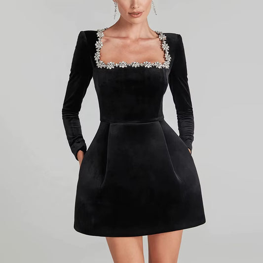 Square Collar Diamond Rhinestone Short Dress