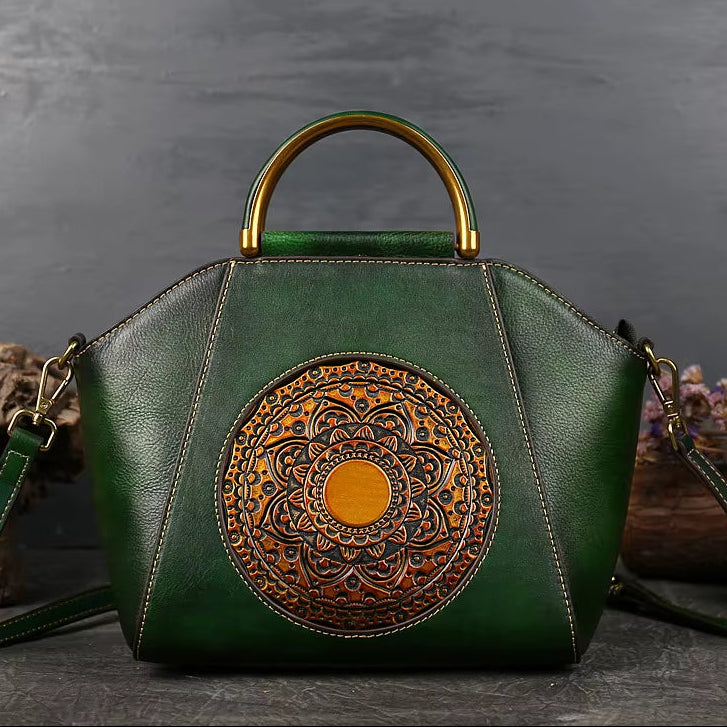 Westal Cowhide Leather Purses and Handbags Vintage Totem Satchel Bag Crossbody Genuine Leather Handbags Tote Bags for Women