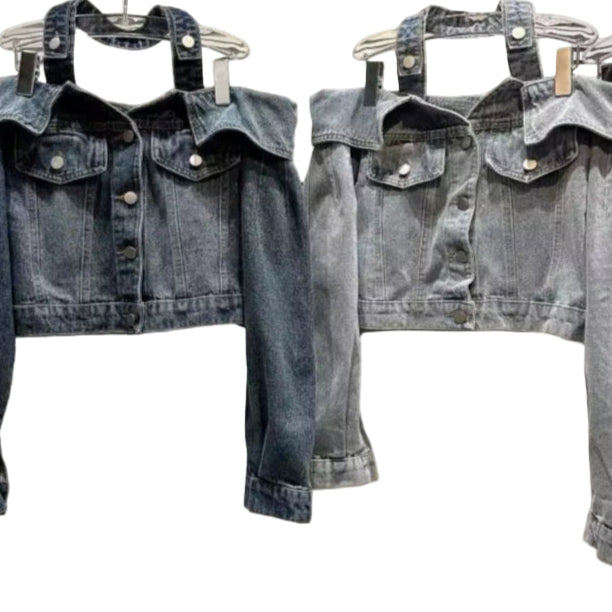 OUDINA Stylish Winter Off-Shoulder Short Crop Edge Wash Jean Jackets for Women Casual Denim Jacket