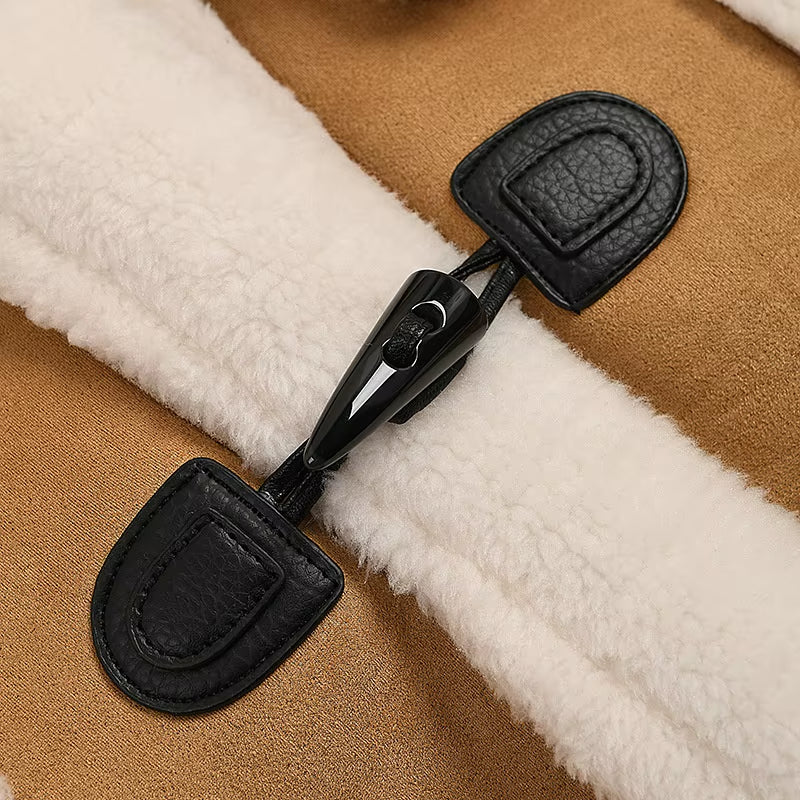 OUDINA Fashion Loose Lamb Plush Horn Buckle Thick Winter Coats Ladies Women Fur Coats