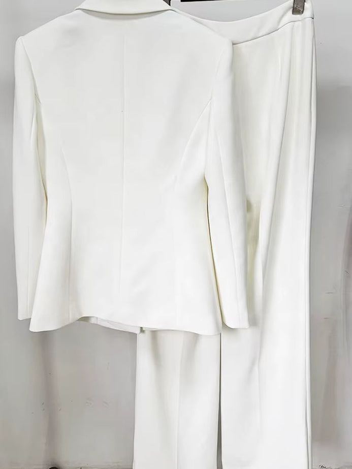 OUDINA Fashion White Elegant Hollow Office Formal Profession Lady Two Piece Sets Suits Trousers Women Suit Blazer